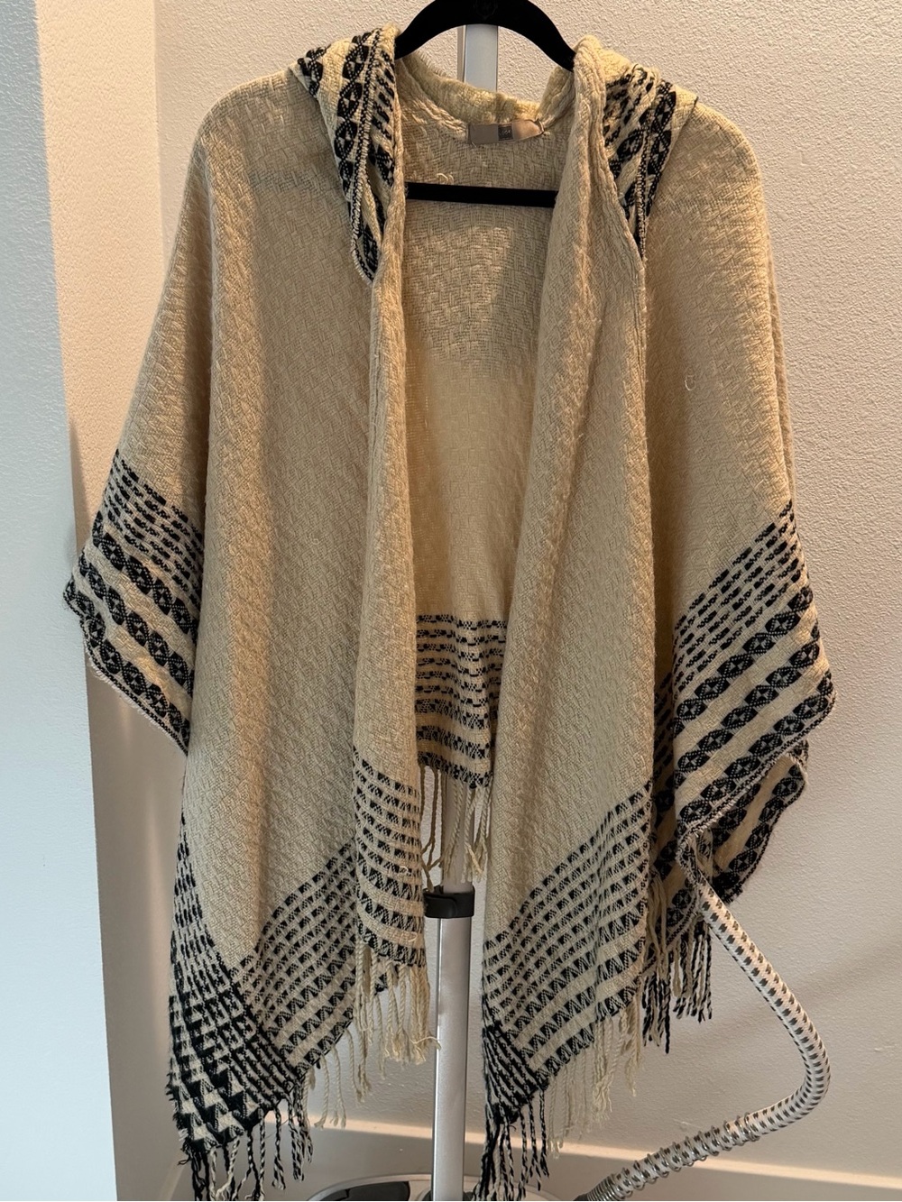 H&M Cream and Black Hooded Fringe Poncho